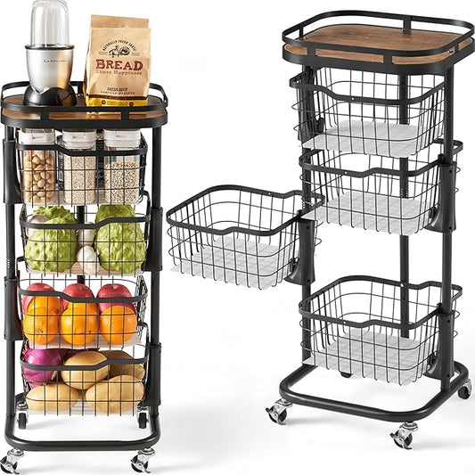 4 Tier Rotating Kitchen Storage Cart, Fruit Vegetable Potato Rack Stand | Patented Swivel Part Spin Smoothly Even Full. Rustproof. One-Piece Wire Bin Prevent Sagging. Keep Onion, Veggie, Spices Fresh by OcyfymHome