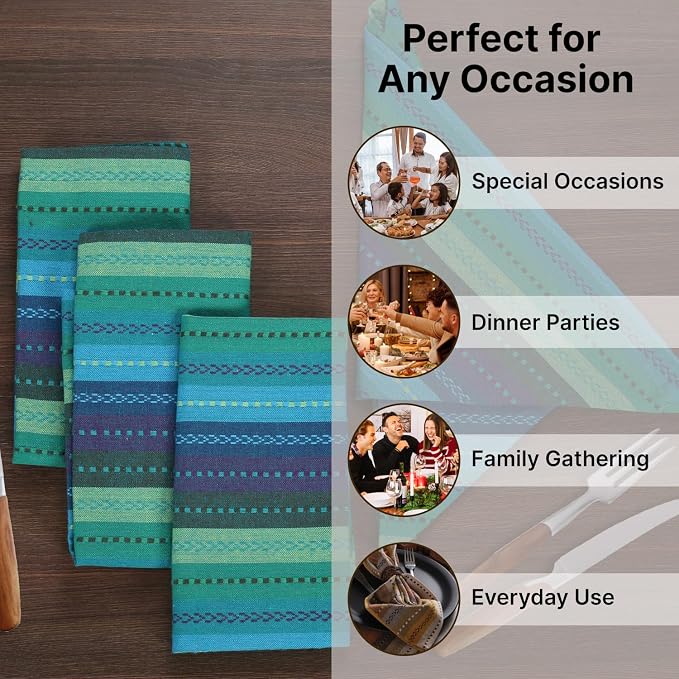 LFH Home Cotton Rich Cloth Salsa Napkin Set of 12 Washable Soft Durable Striped Table Napkins for Dining Wedding, Daily Use Reusable Eco-Friendly Fabric Napkins (18x18)-Teal Thanks Giving - Image 4