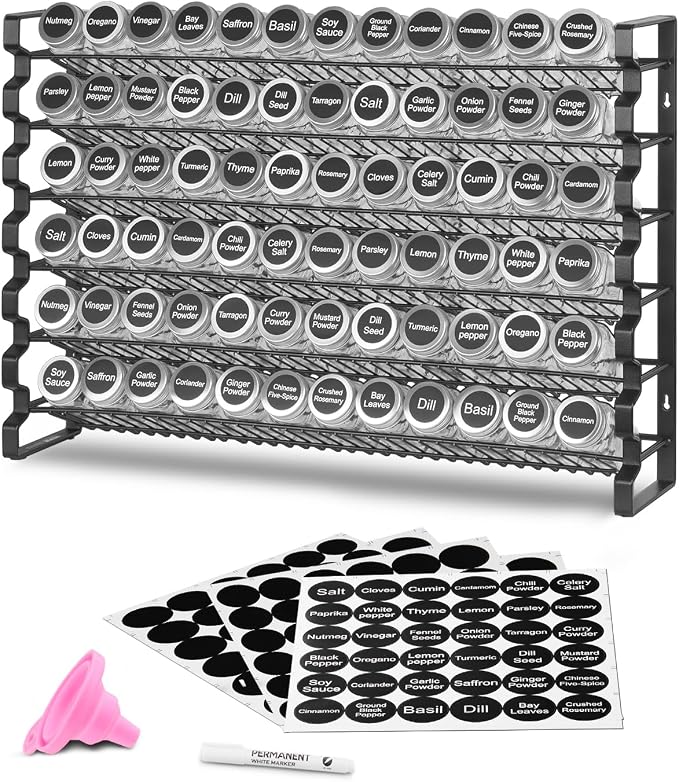 VEVOR Spice Rack Organizer for Cabinet, Spice Organizer with 72 Empty Spice Jars, Lids, Spice Labels, and Funnel Complete Set, Seasoning Organizer for Countertop, Kitchen, Pantry, Cupboard, 23x16 in by VEVOR
