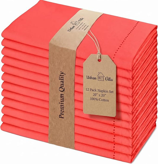 Urban Villa Hemstitch Cloth Dinner Napkins Cotton 20”x20” (Set of 12)-Red by CottonTrends