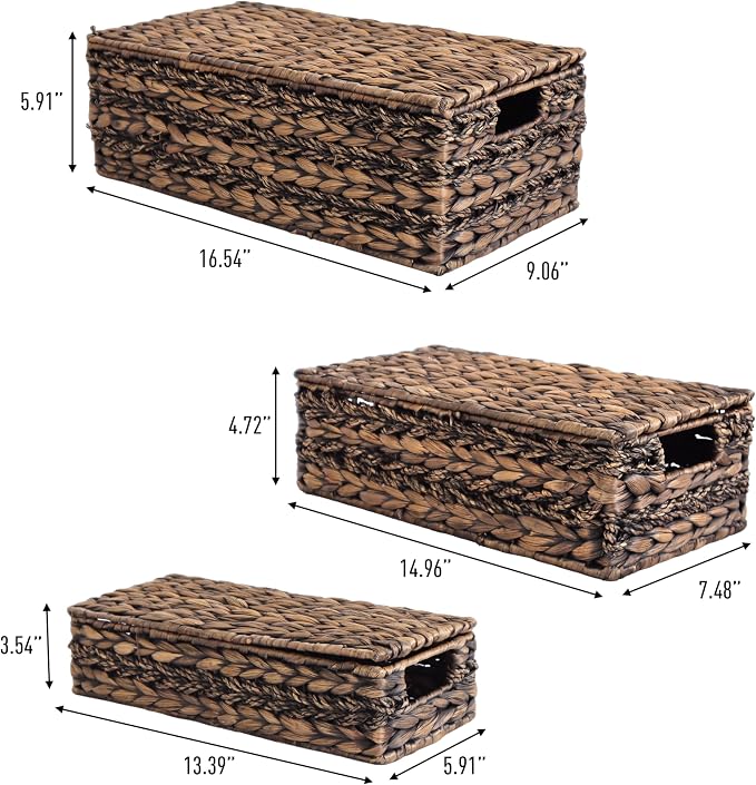 happimess Sandrine 3-Piece Hyacinth Storage Baskets with Lids, Brown | Handwoven Seagrass Wicker, Farmhouse Nesting Containers with Handles, Iron Metal Frame, Decorative Organizer Bins - Image 2