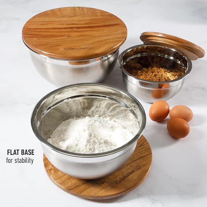 Calphalon Orbit Mixing Bowl Set, 3-Piece Stainless Steel Mixing Bowls(1.5 Qt, 3 Qt, 5 Qt) with Acacia Wood Lids & Non-Slip Base, Kitchen Prep Bowls for Mixing, Serving & Food Storage - Image 7