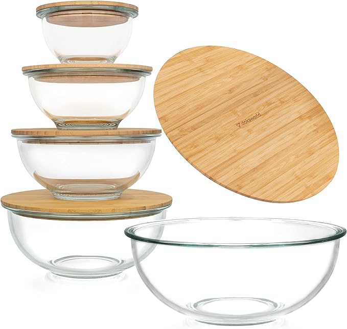 Stackable Space-Saving Set of 5 Nesting Glass Bowls with Bamboo Lids for Foodprep, Storage, Baking, Mixing & Cooking, Microwave & Oven Safe BPA Free Heat Resistant Inert Borosilicate Glass by Dokaworld