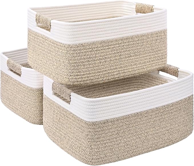 3 Pack Large Storage Basket for Organizing, 17.5"x13"x7" Woven Basket for Shelves, Closet Cube Storage Bins with Wrapped Handle, Cotton Rope Baskets for Kitchen, Clothes, Toys(Off White & Brown) by Degeyoyo