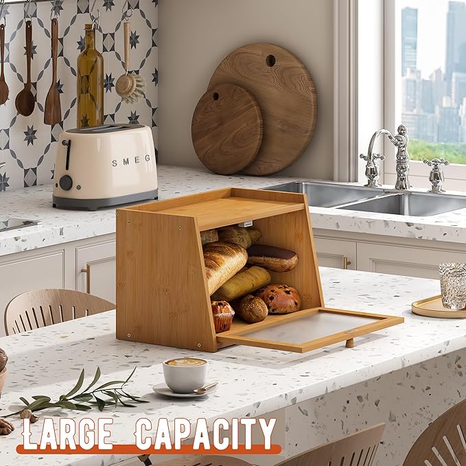 GHWIE Large Bread Box, Easy Access & Cleaning - Bamboo Bread Box for Kitchen Countertop with Acrylic Door (Natural, Medium) - Image 5