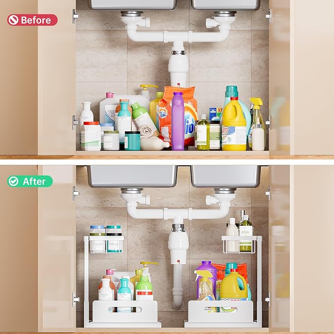 Under Sink Organizer and Storage 2 Pack, Slide Out Cabinet Organizer, Pull Out Sink Shelf for Kitchen Bathroom Laundry, White - Image 2