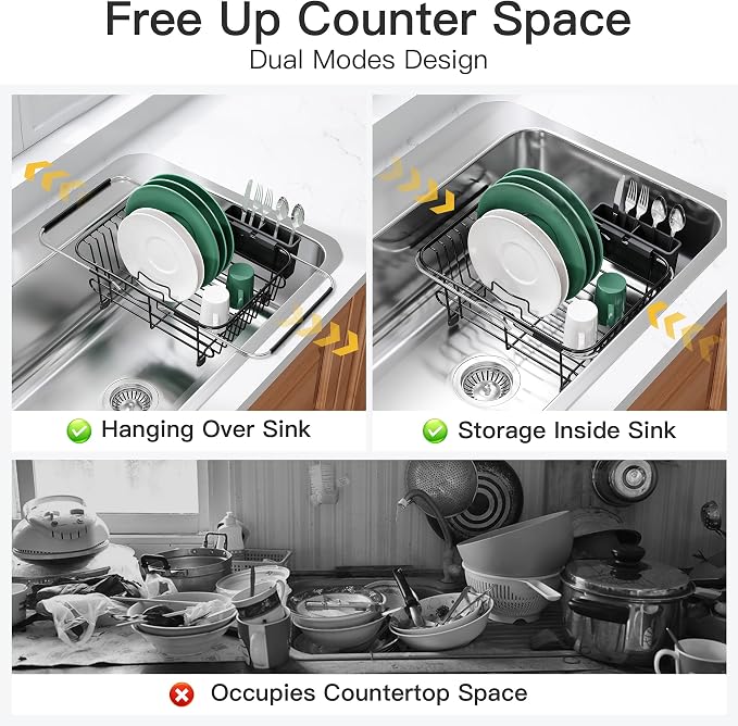 JASIWAY Black Dish Drying Rack in Sink with Utensil Holder, RV, Apartment | Over Sink Expandable Stainless Steel Dish Drainers for Compact Kitchen, Space Saving, Fast Drain, Rustproof, For 1-2 people - Image 2