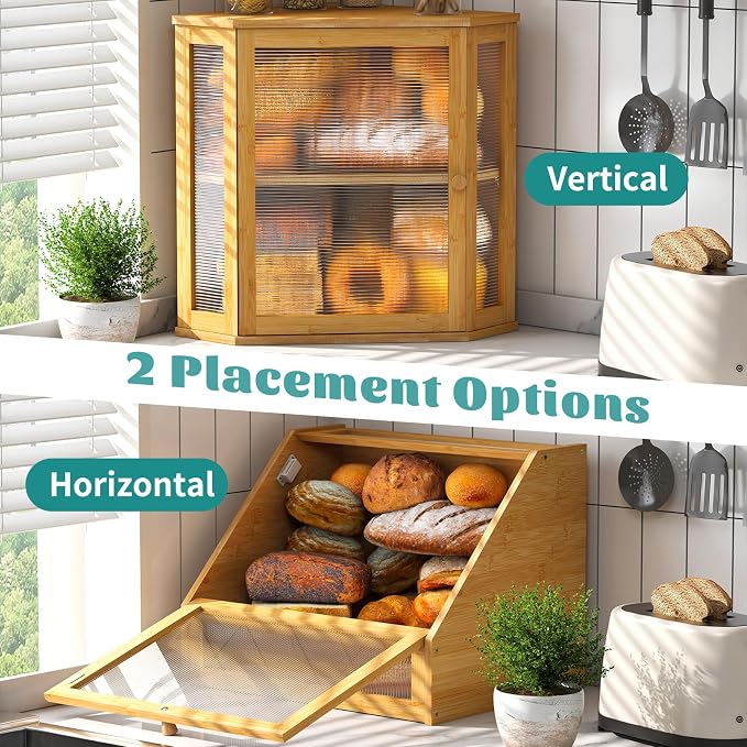 Corner Bread Box, Large Bamboo Bread Box for Kitchen Countertop, 2 Tier Wooden Bread Storage (Natural, Large) - Image 5