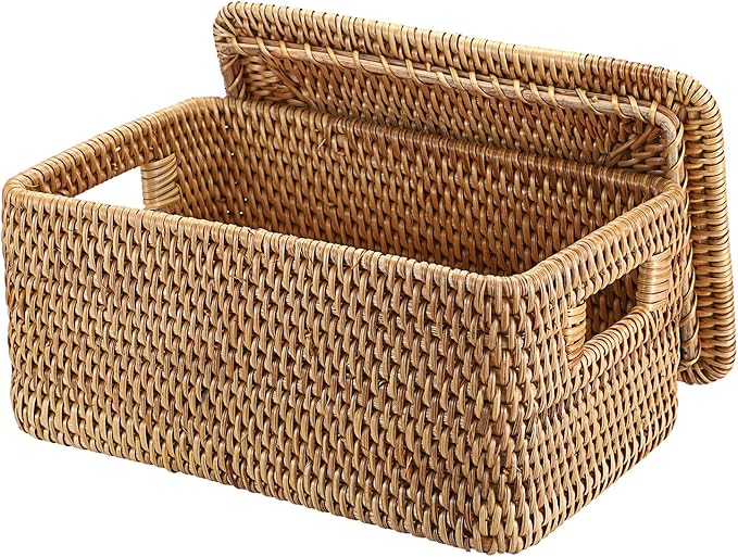 Hipiwe Rattan Basket with Lid Rectangular Lidded Wicker Storage Basket Bin | Natural Hand-Woven Basket Boxes for Shelf Organizing Picnic Food Bread Table Storage Basket, 12"x7.9"x 5.9" by Hipiwe