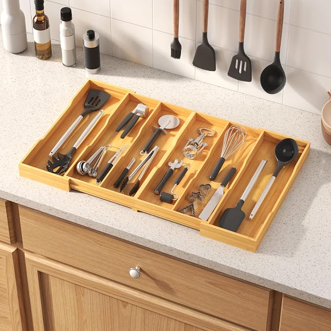 Lifewit Utensil Drawer Organizer, Expandable Kitchen Tool Tray, Wood Adjustable Flatware and Spatula Storage Divider, 17.8-28.3 x 17 x1.8 - Image 2