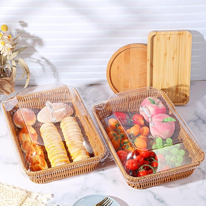 2 Set Wicker Bread Basket for Serving with Acrylic Lid Cover Imitation Rattan Bread Basket Woven for Fruit Summer Picnic BBQ Pool Party Outdoor Housewarming Gift(13.78" X 9.84") - Image 5