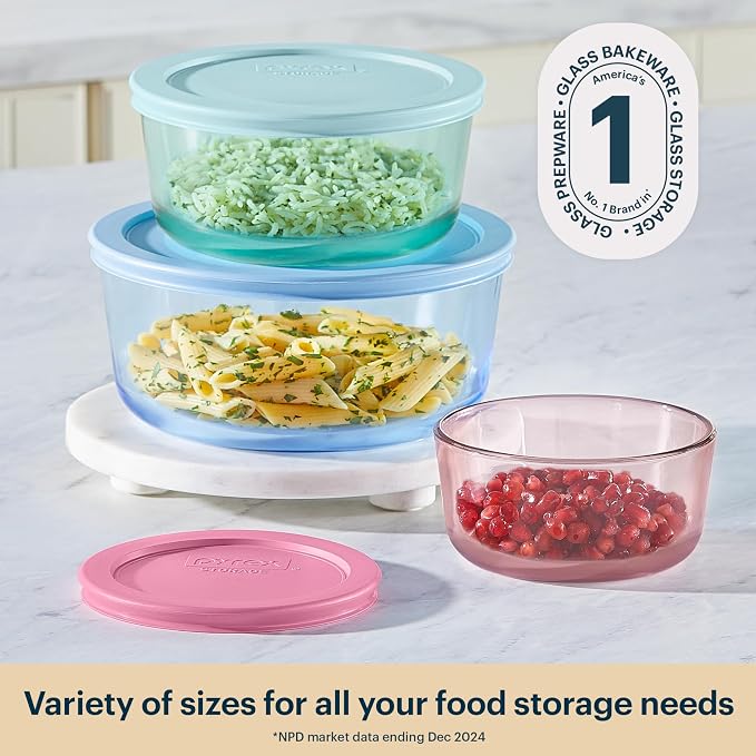 Pyrex Colors (3-Pack, Medium) Tinted Glass Round Food Storage Container Set, Snug Fit Non-Toxic Plastic BPA-Free Lids, Freezer Dishwasher Microwave Safe, 2 Cup, 4 Cup & 7 Cup - Image 3