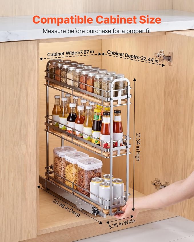 VEVOR Pull Out Spice Rack Organizer for Cabinet, 3 Tier Slide Out Spice Rack Organizer, Height Adjustable Heavy Duty Metal Seasoning Kitchen Basket for Cabinets, 5.75" W x 20.98" D x 21.34" H, Silver - Image 2