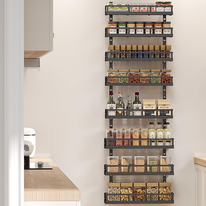 X-cosrack 8-Tier Adjustable Spice Rack – Wall-Mounted Space-Saving Organizer with Mixed Baskets, Large-Capacity Seasoning Holder for Kitchen & Pantry (Black) - Image 5