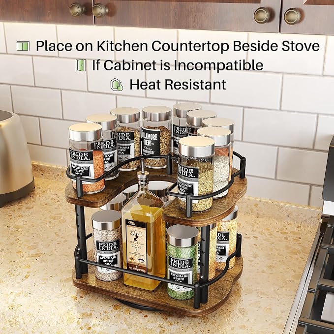 Lazy Susan Organizer Spice Rack - Spice Organization for Cabinet Height Adjustable Rotating Lazy Turntable, Pantry Kitchen Wood Revolving Seasoning Organizer (Vintage, 9 Inch) - Image 3