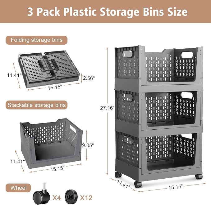 Stackable Storage Bins, Foldable Closet Organizers and Storage Bins Box, Plastic Shelves Drawer Organizer Container for Closet Office Bedroom Kitchen Bathroom with Wheels, Grey, 3 Pack - Image 2