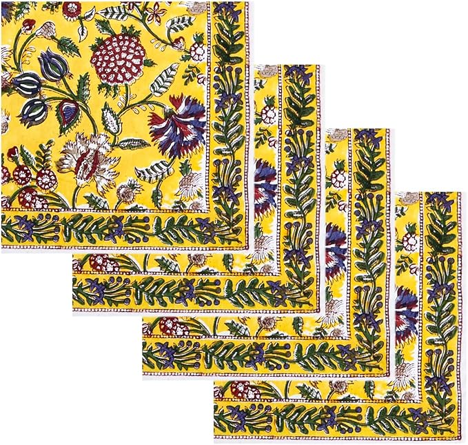 16x16 Inches Cotton Napkins Set of 4, Yellow Red, Washable Hand Block Printed Reusable Cloth Napkins for Dinning, Party, Wedding, Home Decor Autumn - Image 3