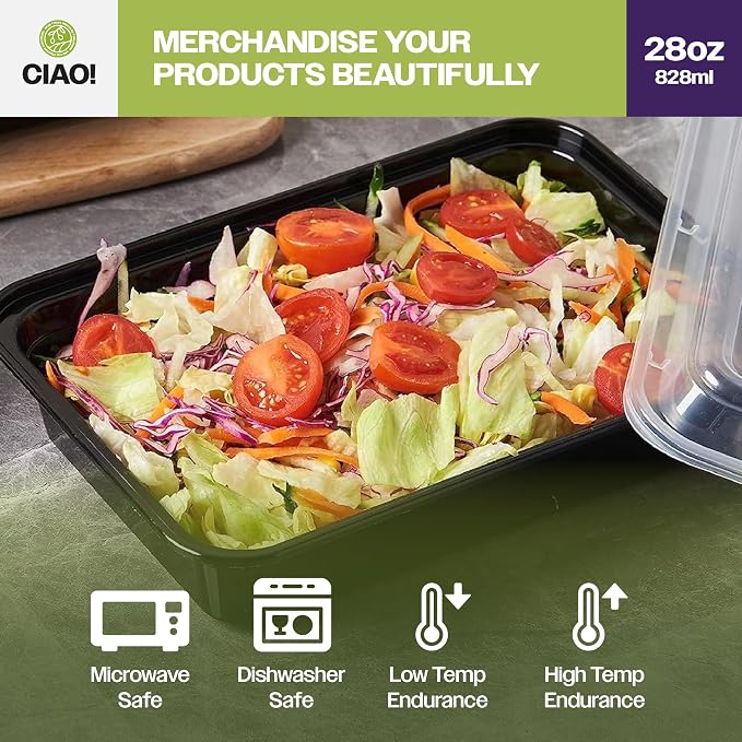 CIAO! Heavy Weight 28oz Injection Molded Microwavable Black Rectangular Food Container with Lid (150/case) - Image 6