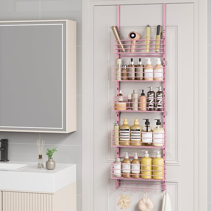 SWTYMIKI Over The Door Organizer - Door Organizer Hanging with 5 Adjustable Metal Large Capacity Basket and 6 Coat Hook, Wall Mounted Shelf for Bedroom Closet Bathroom Laundry Pantry Cabinet Kitchen - Image 8