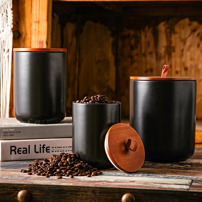 JOJUNO Black Ceramic Food Storage Canister Set (30 oz, 48 oz, 82 oz) with Bamboo Lids, 3-Piece Airtight Jars for Flour, Sugar, Coffee, Tea, Oats, Spice – Kitchen Storage Containers with Lids - Image 7