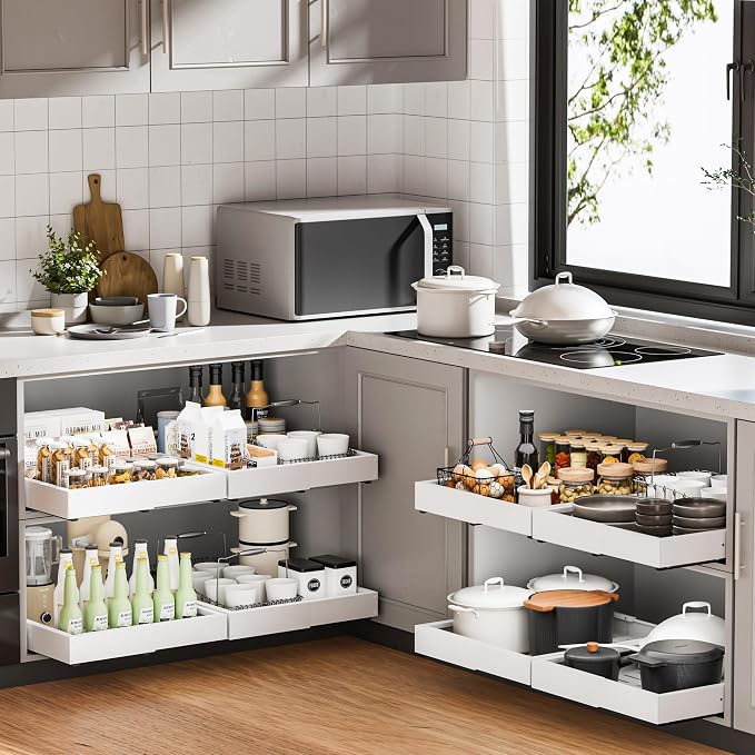 2 Pcs Pull Out Cabinet Organizers, Width (12"-19") and Depth (17"-23") Expandable With 3 Slides, No Drill Slide out Drawers Adhesive Film or Nail Cabinets Without Lip in Kitchen, Bathroom - Image 6
