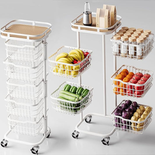 5 Tier Rotating Kitchen Storage Cart, Fruit Vegetable Potato Rack Stand | Patented Swivel Part Spin Smoothly Even Full. Rustproof. One-Piece Wire Bin Prevent Sagging. Keep Onion, Veggie, Spices Fresh by OcyfymHome