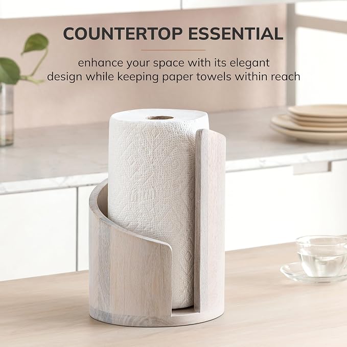 Anji Mountain Wooden Paper Towel Holder with Metal Holder, Holder Stand for Kitchen Roll Organizer & Kitchen Dining Table Home Décor, Countertop Fits Jumbo & Mega Rolls - Whitewash/Nickel, Classic - Image 6