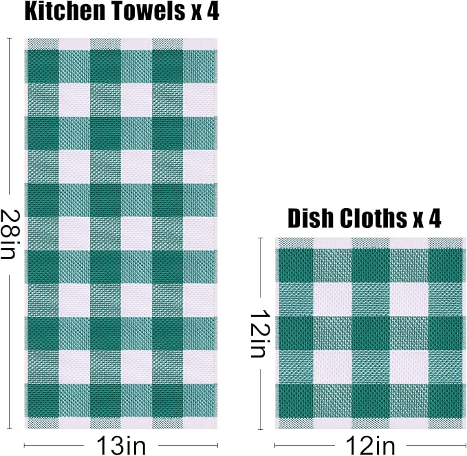 Homaxy Kitchen Towels and Dishcloths Set, Set of 8, White & Teal | Bulk Cotton Waffle Weave Check Plaid Kitchen Towels, Super Soft and Absorbent Dish Cloths, 12 x 12 and 13 x 28 Inches - Image 4