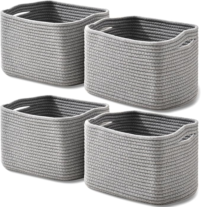 ICERZCZ Small Storage Baskets for Shelves Organizing, Woven Cotton Rope Baskets for Storage, Book Basket, Decorative Shelf Basket, 12.5"Lx9.1''Wx7.9''H (4 Packs) Grey by ICERZCZ