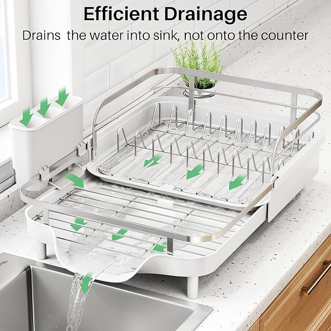 SNTD Expandable Dish Drying Rack for Kitchen Counter, 15.2-22.1 in, White | Rust-Resistant Stainless Steel, Protective Side Rails, Self-Draining Drainboard, Removable Utensil Holder - Image 3