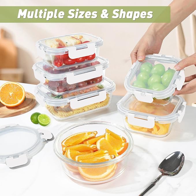 BAYZZ 24 Piece Glass Food Storage Containers with Lids, Airtight Glass Meal Prep Containers for Kitchen, BPA-Free Lunch Box, Microwave and Freezer Safe,White - Image 5