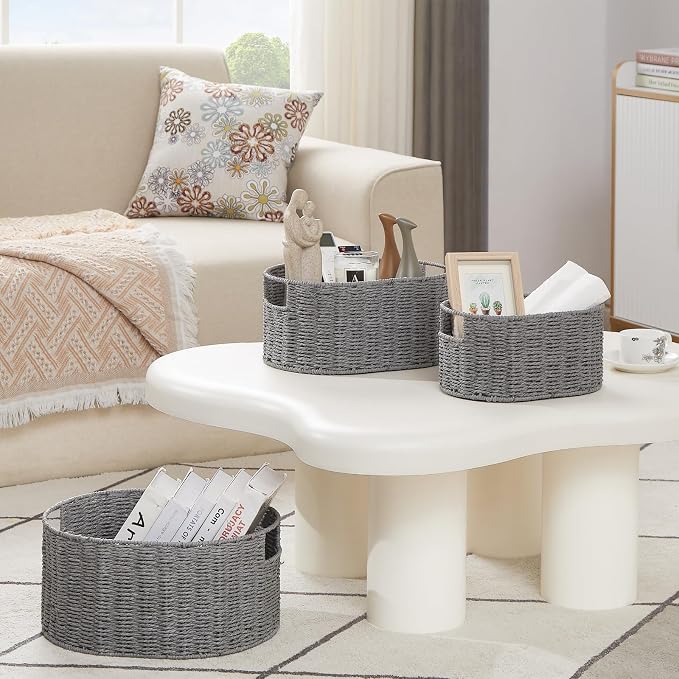 Wicker Storage Basket, Set of 3 Hand-woven Storage Baskets for Organizing, Round Large Wicker Baskets for Storage Decor, Pantry Storage Cubes Organization Baskets for Shelves, Grey - Image 6