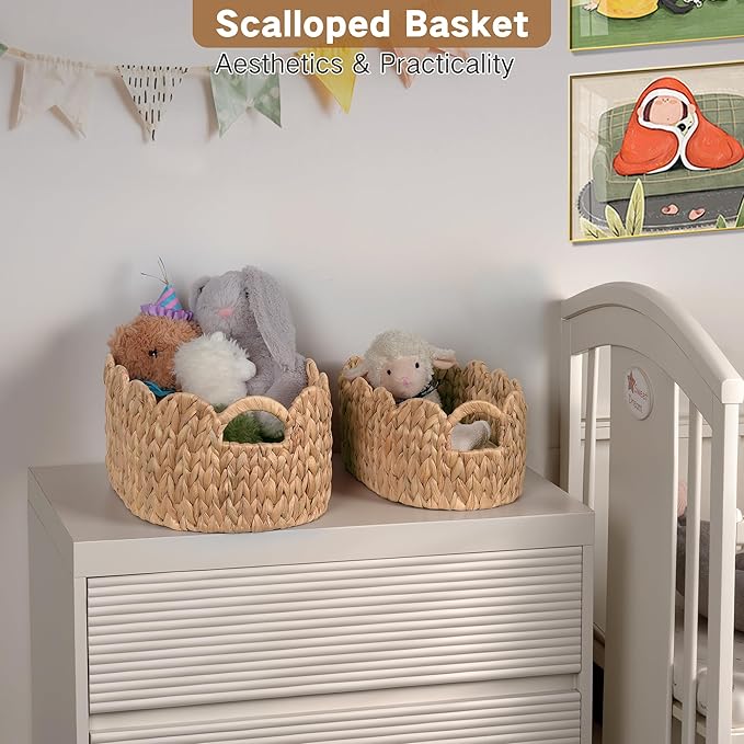 iEGrow Scalloped Wicker Basket, Set of 2 Hand-Woven Natural Rattan Baskets with Built-in Handles, Water Hyacinth Storage Oval Cute Baby Baskets for Nursery, Organizing, Decor and Shelves - Image 2