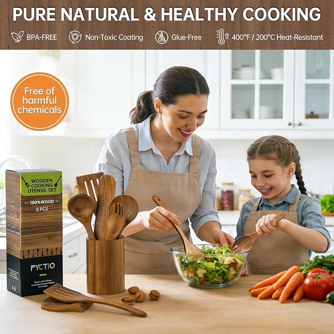 8 PCS Natural Acacia Wooden Utensil Set Wooden Spoons for Cooking | Non-Toxic Acacia Wood, Nonstick Safe, Sturdy Easy to Clean, Includes Holder & Spoon Rest, Great Kitchen Gift - Image 4
