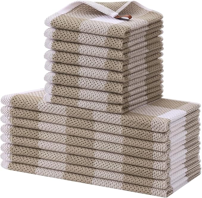 Homaxy Kitchen Towels and Dishcloths Set, Set of 16, White & Khaki | Bulk Cotton Waffle Weave Check Plaid Kitchen Towels, Super Soft and Absorbent Dish Cloths, 12 x 12 and 13 x 28 Inches by Homaxy