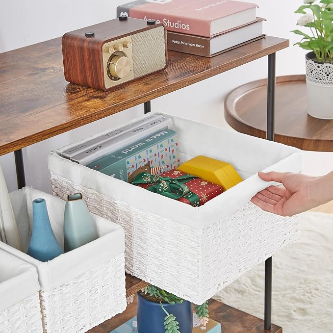 Wicker Basket, Set of 3 Hand-woven Storage Baskets for Organizing, Decorative Rectangle Wicker Storage Basket Bins with Handles, Small Toilet Paper Storage Baskets for Shelves & Decor, White - Image 3