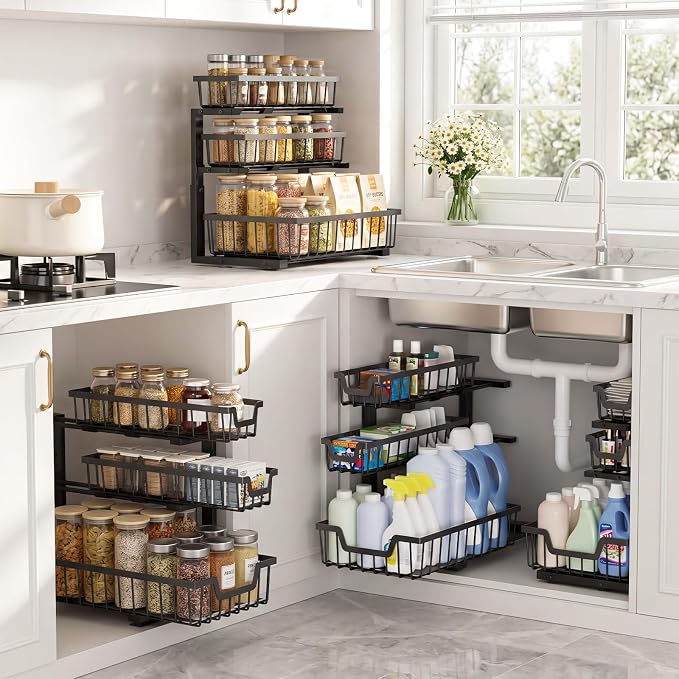 Under Sink Organizer, 2-Pack 3-Tier Height Adjustable Thickened Metal Pull out Cabinet Organizer Shelf, Slide out Storage Drawer Rack for Bathroom Kitchen Pantry Home Laundry Organization (Black) - Image 5