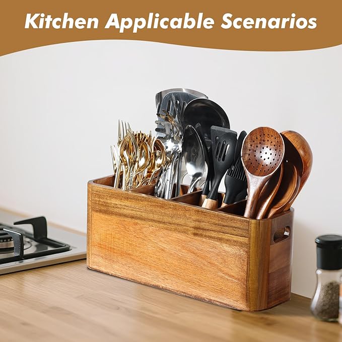 Kitchen Utensil Holder for Counter or Countertop, Extra Large Acacia Wood Organizer with 4 Compartments, Wooden Storage for Cooking and Silverware, Rustic Minimalist Decor, Sturdy Utensil Crock - Image 5