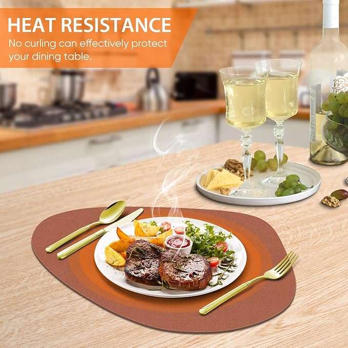 Faux Leather Placemats Set of 8, Wipeable & Washable Table Mats | Waterproof, Heat-Resistant & Easy to Clean Round Place Mats for Dining & Kitchen, 17''x13'', Brown - Image 3