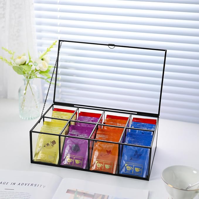 REDHUGO Glass Tea Bag Organizer, 8-Compartment Tea Storage Box, Black | Handmade glass tea bag box with lid and 8 compartments, keeps tea bags tidy for counters, kitchens and tea stations - Image 4