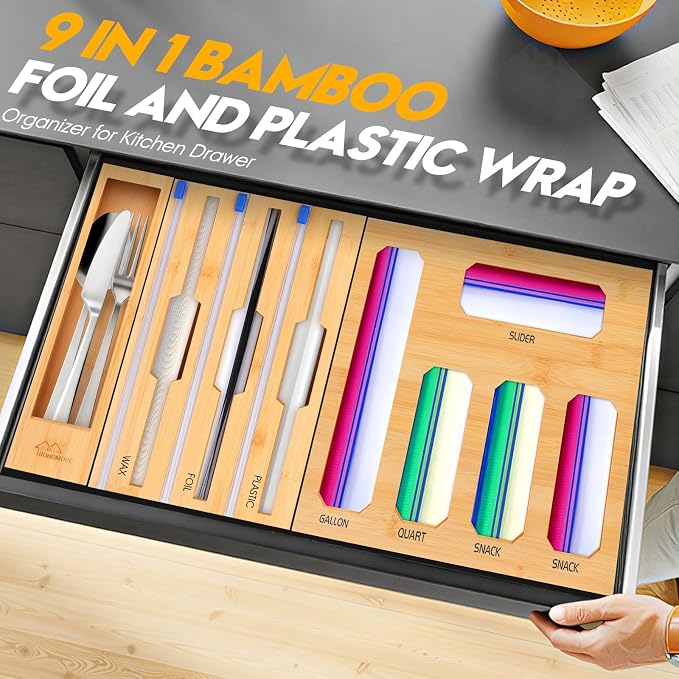 Bamboo Ziplock Bag Organizer for Kitchen Drawer & Wall Mount, Food Storage Baggie Holder, Fits Gallon Quart Sandwich Snack Freezer & Slider Bags, No Assembly, 9 in 1,Natural Color - Image 3