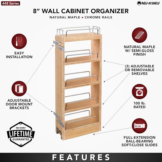 Rev-A-Shelf 8" Pullout Storage Organizer for Wall Kitchen Cabinets, Sliding Adjustable Shelves for Spice Rack or Cans, Wood and Chrome, 448-WC-8C - Image 5