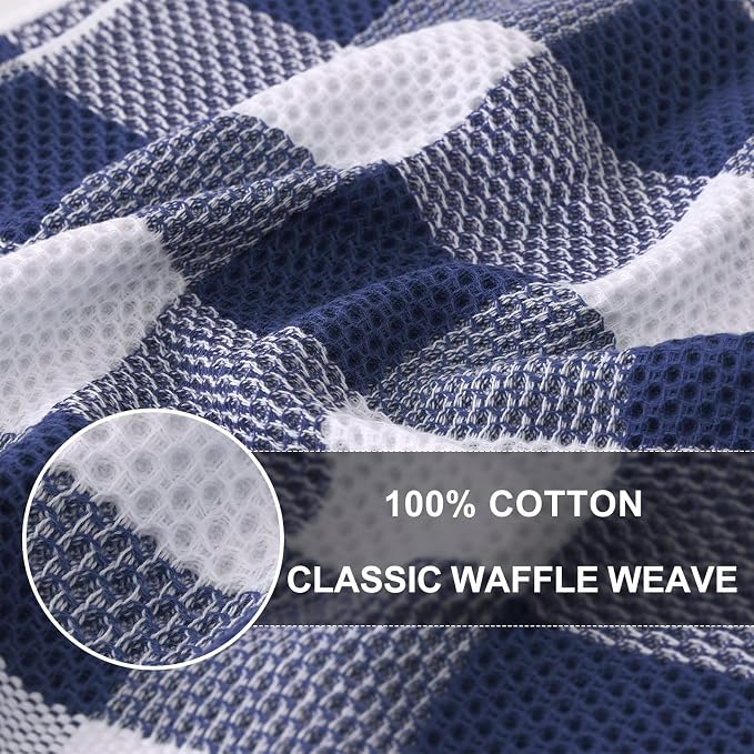 Homaxy Kitchen Towels and Dishcloths Set, Set of 8, White & Navy Blue | Bulk Cotton Waffle Weave Check Plaid Kitchen Towels, Super Soft and Absorbent Dish Cloths, 12 x 12 and 13 x 28 Inches - Image 2