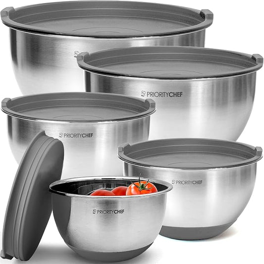 Premium Mixing Bowls With Airtight Lids Set, Thicker Stainless Steel Mixing Bowl Set, Large Prep Metal Bowls with Lids, Nesting Bowls for Kitchen, 1.5/2/3/4/5 Qrt, Grey by PriorityChef