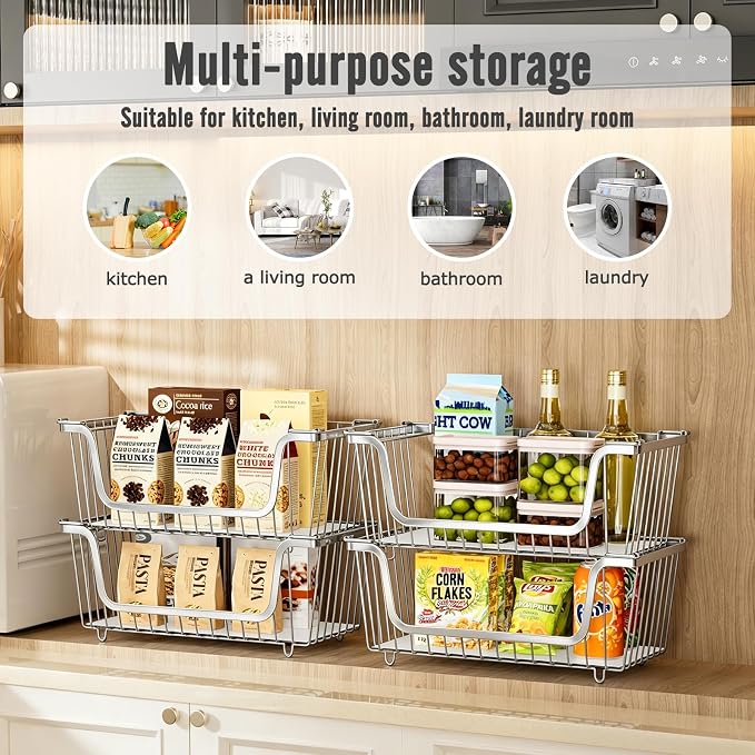 4 Pcs Stackable Wire Baskets for Pantry Organizers and Storage,silver | Vegetable Fruit Basket for Countertop,Kitchen Storage Metal Baskets,Produce Potato Onion Storage Bin, - Image 3