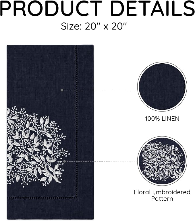 Cloth Napkins Set of 4, 20x20 inch, 100% Linen Hand Embroidered French Knot, Reusable & Machine Washable, Elegant Table Napkins for Dinner, Weddings, Parties (Navy) - Image 3