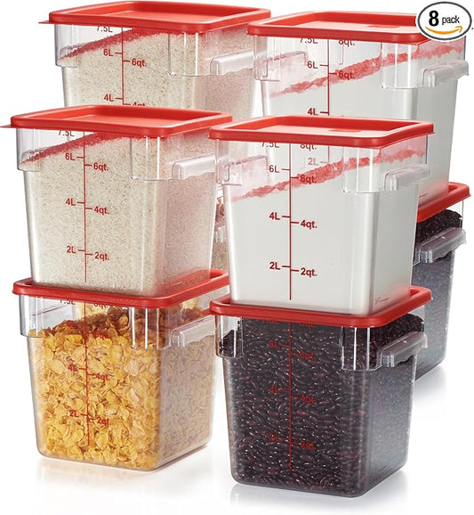 8-Pack 8 Qt NSF Clear Polycarbonate Food Storage Containers with Red Lids - Square, Commercial-Grade, Freezer & Dishwasher Safe, Stackable by CURTA