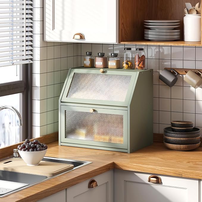 STDDRE Bread Box for Kitchen Countertop Bin Double Layer Bread Box Storage Container Extra Large Capacity Farmhouse with Diamond Pattern Windows (Green, Extra Large) - Image 6