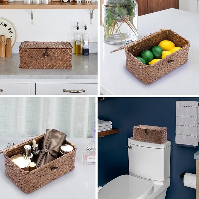 Hipiwe Wicker Shelf Baskets Bin with Lid, Handwoven Seagrass Storage Boxes | Rectangular Household Basket Boxes for Shelf Wardrobe Home Organizer, Coffee X-Small - Image 3