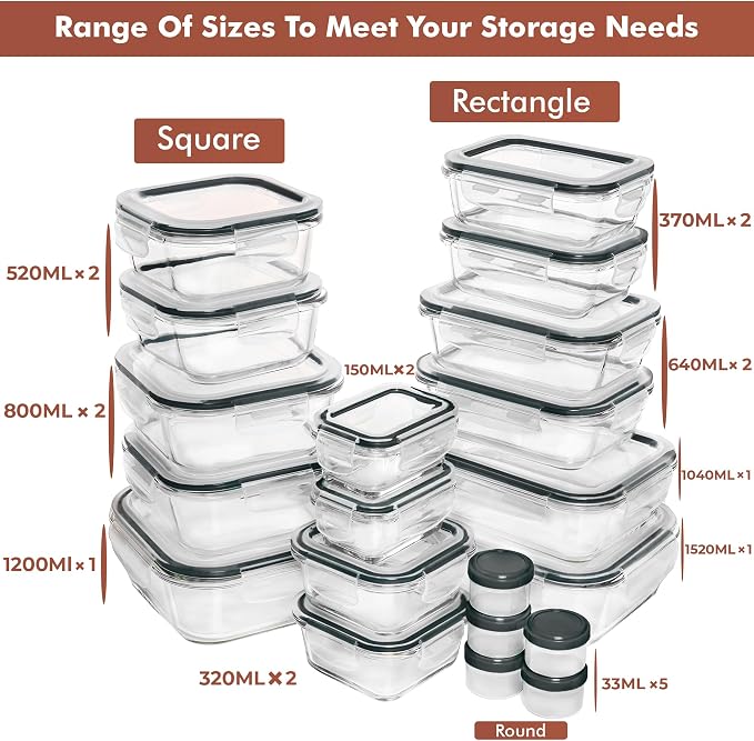 Razab 35 Pc Set Glass Food Storage Containers with Lids - Meal Prep Airtight Bento Boxes BPA-Free 100% Leak Proof (15 lids,15 glass & 5 Plastic Sauce/Dip Containers) - Image 2